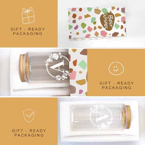 Birthday Gifts for Women, Monogrammed Initial Glass Cup Personalized Gifts for Women, 16oz Glass Cups with Lids and Straws, Iced Coffee Cup, Beer Can Shaped Glass - Gifts for Mothers Day, Christmas, A - style: A