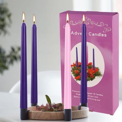 16 Pack Advent Taper Candles Premium Hand Dipped 10in Unscented Christmas Taper Candles - Ideal for Seasonal Celebrations, Holidays, Church, Celebration, Party - color: Purple&Pink