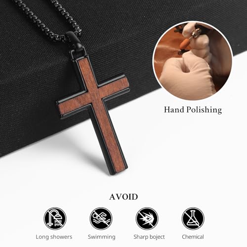 Wooden Cross Necklace for Men, Black Crucifix Pendant
