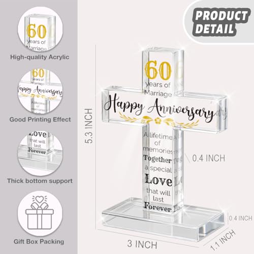 PVOPVO 60th Wedding Anniversary Religious Cross Gifts for Him Her 60 Year Anniversary Romantic Gift for Women Men Couple 60 Years of Marriage Gifts for Couple - color: 60th Anniversary