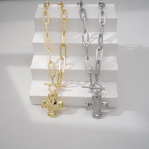 Bheop Chunky Cross Necklace for Women, 14K Gold Silver Statement Necklace - color: SL-Toggle Necklace(1 inch Pendant)