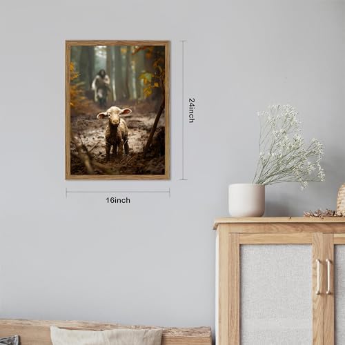 Christian Wall Art, Jesus the Good Shepherd Canvas Painting, Lost Sheep Biblical Scene, 3D Textured Sandstone Style Wood Framed Artwork for Prayer Room Bedroom 24x16 Ready to Hang - color: Jesus Running After Lost Lamb, size: 24"L x 16"W