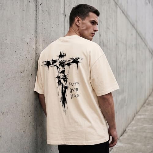 BINTEHGS Christian Faith Over Fear Shirt Jesus Cross T Shirts for Mens Oversized Religious Tshirts God Vintage Graphic Tee - color: Apricot, size: Small