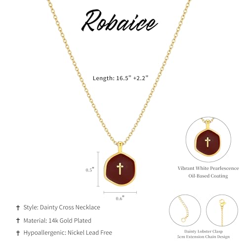 Robaice Cross Necklace for Women, Dainty 14K Gold Plated Cross Necklace - style: disc cross wine red