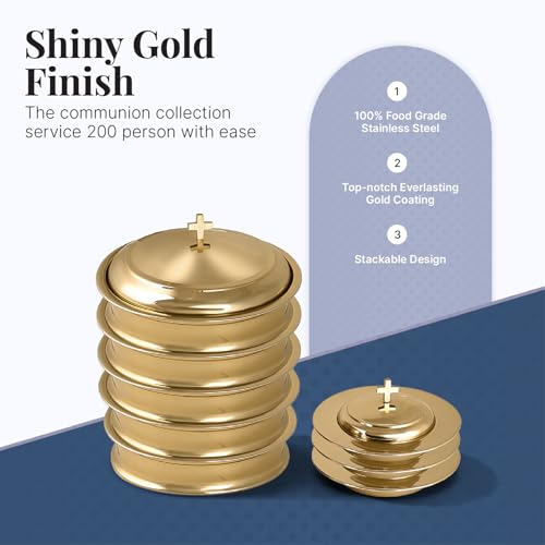 Communion Ware Church Set | Stackable 5 Communion Trays with Cover & 3 Bread Plates with Cover | Ideal for Churches | Stainless Steel - Shiny (Gold) Finish