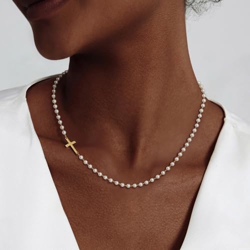 Zeffy Cross Necklace for Women,18K Gold/Silver Plated Tiny Cubic Zirconia Cross Pendant Necklace for Women Simple Layered Cross Necklaces for Women - color: Gold Cross Pearl