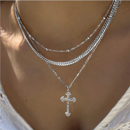Amicon Cross Necklace for Women 14K Gold Plated Dainty Heart Cross Pendant Choker Simple Trendy Cute Cross Charm Diamond Necklace Faith Jewelry Religious Minimalist Gift - style: Layered Figaro Cross-SL