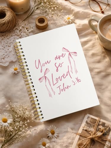 Pink Ribbon Bow Christian Notebook Journal, Christian Gifts for Women, You Are So Loved Bible Verse Notebooks for Work, Religious Scripture Hardcover Spiral Notebook Journal 5.5x8.3 - color: JOHN 3:16