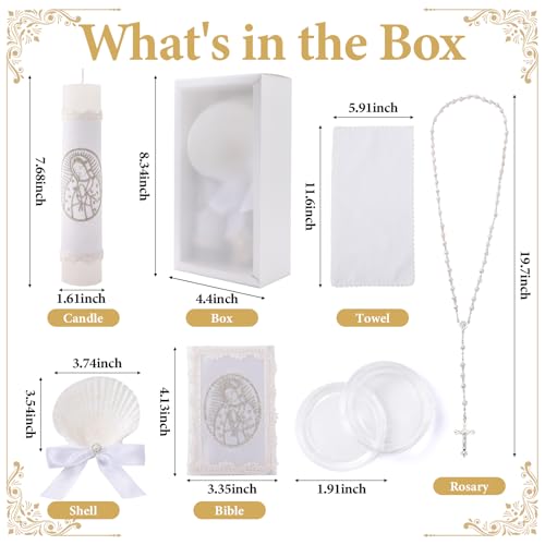 5 PCS Baptism Candle Set for Boys and Girls,Baptism Kit Catholic Candle,Towel,Shell,Rosary andBible for Baptismal Christening First Communion Gift