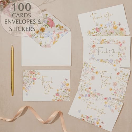 100 Floral Thank You Cards With Envelopes & Stickers - Pretty Wildflower & Gold Foil Assorted Greeting Notes pack for Wedding, Baby & Bridal Shower - Cute 4x6 Large Blank Flower Bulk Box Set