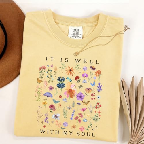 FITIN It is Well with My Soul Garment-Dyed T-Shirt, Vintage Floral Faith Graphic Tee, Christian Inspirational T-Shirt - color: Butter, size: Medium