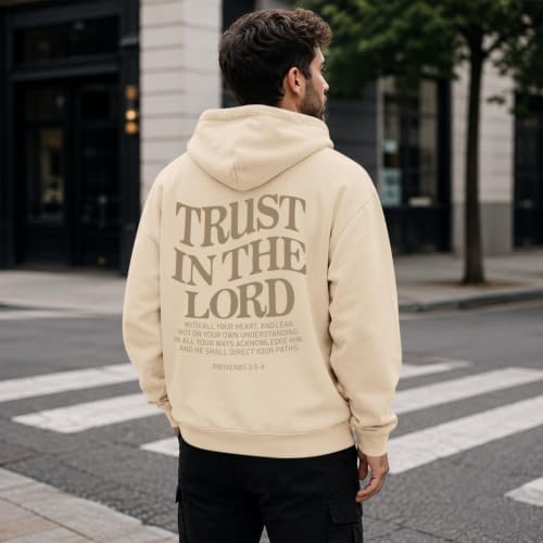 Wrenpies Trust In The Lord Christian Hoodie for Men Jesus God Faith Religious Bible Verse Hoodies Graphic Fleece Sweatshirt - color: Apricot, size: Small