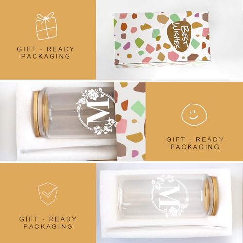 Birthday Gifts for Women, Monogrammed Initial Glass Cup Personalized Gifts for Women, 16oz Glass Cups with Lids and Straws, Iced Coffee Cup, Beer Can Shaped Glass - Gifts for Mothers Day, Christmas, M - style: M