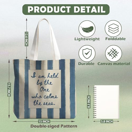 Christian-Flowers-Inspirational Motivational Gifts Canvas Tote Bag for Women,Reusable Shopping Grocery Bags - color: Christian-blue and Beige Striped