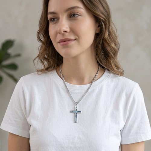 MRENITE Silver Natural Stone Cross Necklace, Classic Latin Cross Pendant Necklace for Unisex Women Man, Vintage Crystal Quartz Cross Necklace with 20+2 Inches Adjustable Cuban Chain - style: Abalone