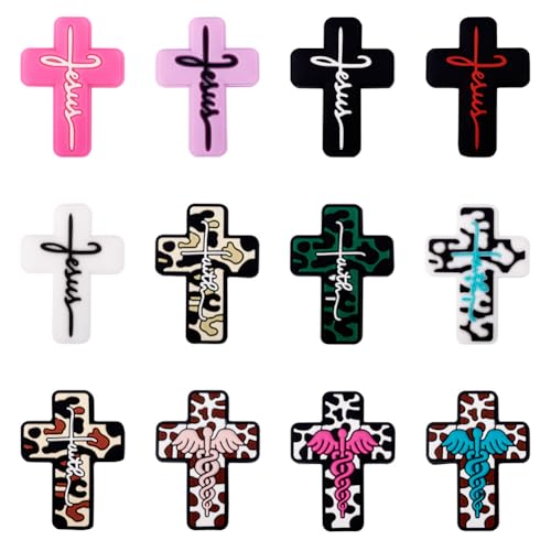 Beadthoven 12Pcs 12 Styles Cross Silicone Focal Beads Word Jesus Cow Leopard Printed Silicone Beads Cute Cross Shaped Charm Spacers for Pens Keychain Jewelry Making DIY Supplies Crafting - color: Jesus Cross 12 Styles