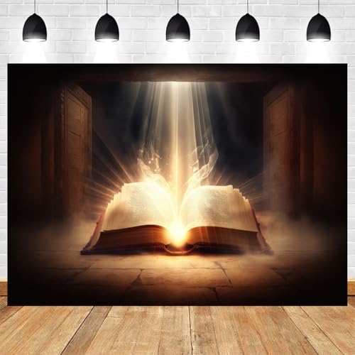 7x5ft Bible Backdrop Holy Glowing Opened Book Photography Background Jesus Christ Christian Religious Belief Church Sanctuary Baby Shower Banner Decorations Easter Portrait Photo Booth Prop - size: 7x5ft