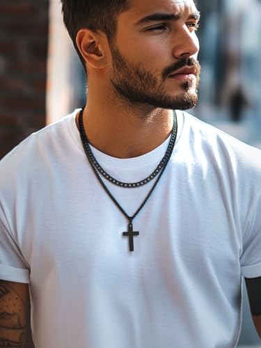 FaithHeart Cross Necklace for Men, Silver/Black/Gold Crucifix Necklace Stainless Steel Pendant with Cuban Chain Jesus Cross Necklaces Religious Gifts for Men - color: 01. Cross-Black, size: Chain Length 18in/20in