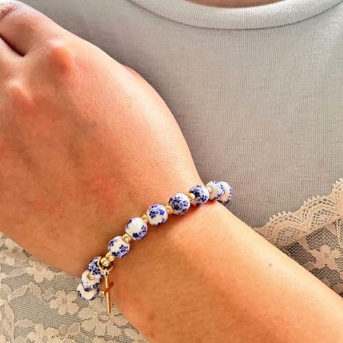 Cross Charm Bracelet for Women,Flower Floral Antique Vintage Bracelet Beaded and Cross Stretch Bracelet Aesthetic Religious Christian First Communion Baptism Confirmation Gifts Jewlery Gifts - color: Blue