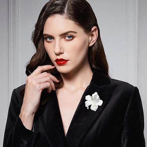 Elegant Enamel Orchid Brooch Crystal Rhinestone Floral Lapel Pin Gold Silver Tone Statement Accessory for Wedding Party Banquet Dress Scarf Suit - color: White
