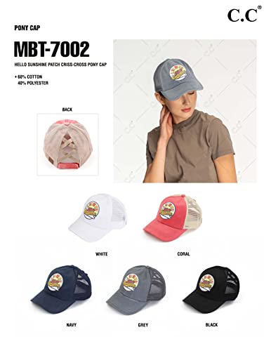 C.C Ponycap Messy High Bun Ponytail Adjustable Mesh Trucker Baseball Cap Hat - color: Criss Cross Patch Hello Sunshine, Gray