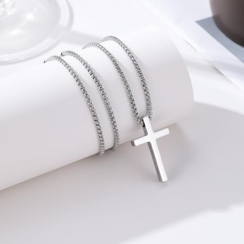 Small Cross Necklace for Boys Baptism Christmas Confirmation Valentines Easter Birthday Gifts to Teens Son Grandson Nephew - color: silver, style: bless this boy-1