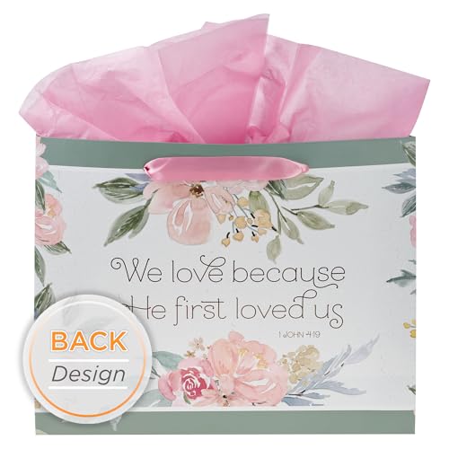 Christian Art Gifts Large Gift Bag with Card & Tissue, He First Loved Us - color: First Love Us/Green & Pink, style: Large Landscape