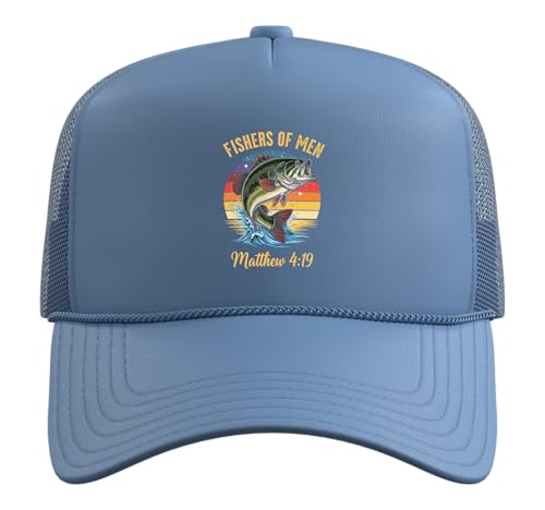 Fishers of Men Matthew 4-19 Bible Christian Fishing Lover Trucker Hat with Adjustable Mesh Back - color: Light Blue