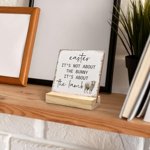 Easter Christian Desk Decor, Vintage Easter Lamb Decor, Farmhouse Religious Wood Plaque, It's Not About Bunny It's About the Lamb Wooden Plaque Sign with Wood Stand for Home Office - color: easter, size: 4x4 inches