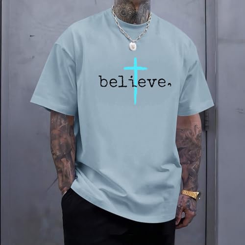 BeWithYou Christian Shirts for Men Vintage Faith Jesus God Tshirt Inspirational Cross Bible Verse Shirt Oversized Graphic Tee - color: Light Gray Blue, size: Small