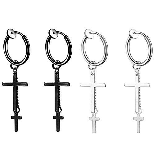 Cupimatch 3-6 Pairs Stainless Steel Cross Dangle Huggie Hinged Hoop Earrings for Men Women (1 Pair Silver Cross) for Mother's Day - color: gothic-cross-silver
