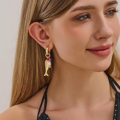 GZQ 14K Gold Fish Dangle Earrings for Women, Lightweight Hypoallergenic Drop Huggie Hoop Earrings for Daily Wear Beach Vacation - color: B