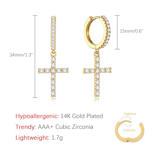 14K Gold Plated Cross Earrings for Women Men, CZ Cross Dangle Earrings Hypoallergenic Jewelry Gift - color: Gold