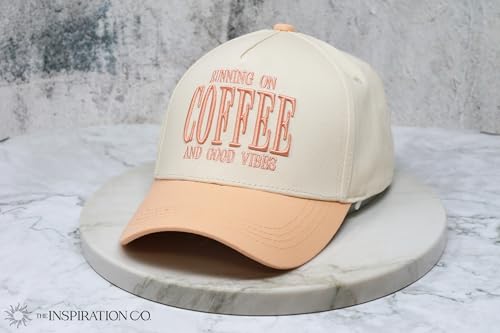 THE INSPIRATION CO. Running on Coffee Embroidered Hat - Trendy Coffee Lover Cap, Adjustable Snapback Baseball Hat - color: Peach