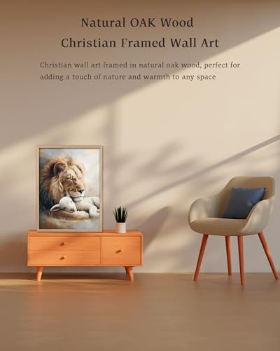 KensTro 12x16 Oak Framed Lion and Lamb Christian Wall Art - color: Lion and Lamb Peaceful-Framed, size: 16"L x 12"W