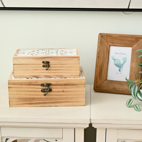 Wooden Storage Box Set of 2 - Hand Carved Floral Decorative Boxes - color: White&Brown, size: S&M