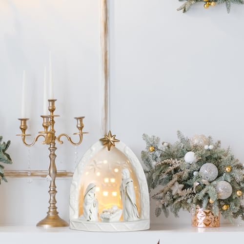 Cindeer Nativity Set for Christmas Indoor,Ceramic Nativity Scene with Light, Porcelain Statue Sculpted Hand Painted Figurine, Holy Family Manger Scene Tabletop Decor Gift(Classic) - style: Classic