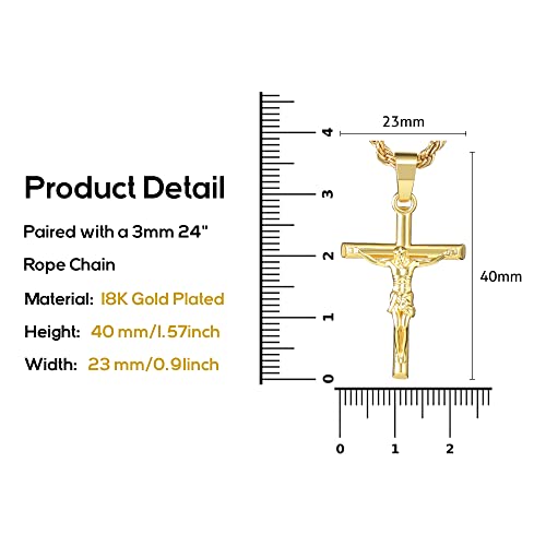 HELLOICE Crucifix Cross Necklace 18K Gold Plated Cross Pendant with 3mm 22" Rope Chain for Men Women - style: Crucifix Cross-Gold