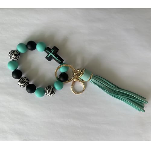 Silicone Beaded Jesus Cross Wristlet Keychain Leather Tassel,Key Ring Wrist Bangle,Key Chains Bracelet Women - color: Green Cross