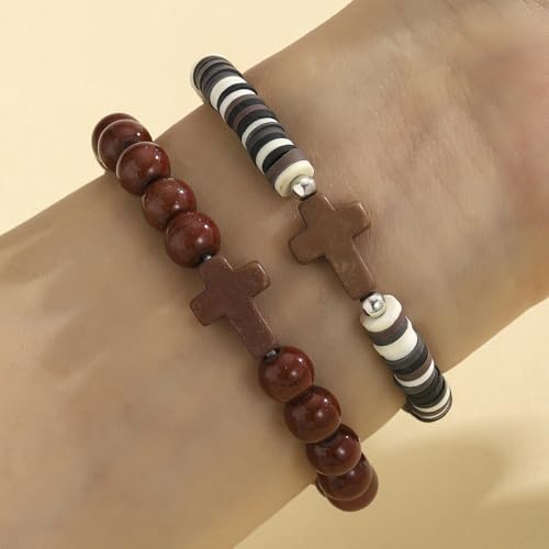 Colorful Handmade Cross Beaded Bracelet for Women Qute Religious Stone Clay Beaded Bracelet for Christian Inspirational Easter Chrismas Thanksgiving Gifts Jewelry - color: Brown