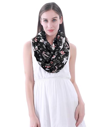Lina & Lily Holiday Christmas Pattern Print Women's Infinity Scarf Lightweight - color: Black White Red, Snowman Snowflake Star