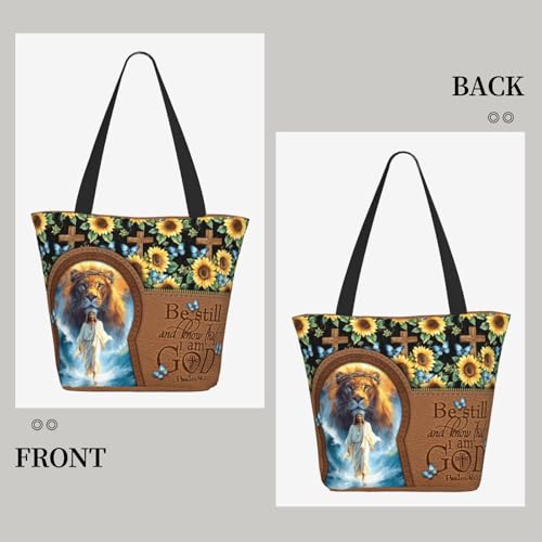 Christian Gifts Reusable Shopping Tote Bag Zippered Inspirational Tote Bags for Women Bible Verse Shoulder Bag - color: Jesus and the Lion