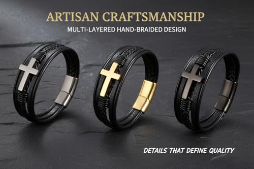 Stainless Steel Braided Leather Bracelet for Men Cuff Bangle Cross - color: 3 Colors