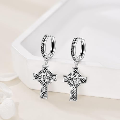 Celtic Cross Earrings Sterling Silver Irish Cross Drop Dangle Earrings Fashion Jewelry Gift for Women