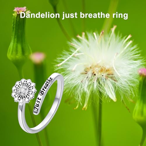 ROMANTICWORK Just Breathe Ring 925 Sterling Silver Cross/Lotus/Dandelion Adjustable Opening Ring Inspirational Jewelry for Women Birthday Christmas Gifts - style: Dandelion