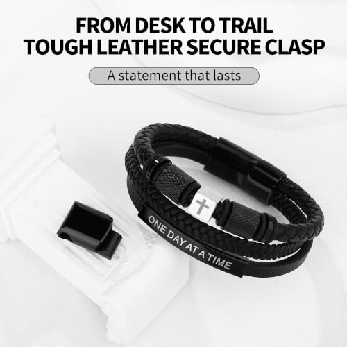 Leather Cross Bracelet for Men, Inspirational Christian Bracelet - color: ONE DAY AT A TIME