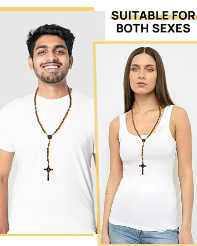 Bovemee Saint Benedict Medal Prayer Pocket Rosary Catholic Brown Wood Beads with Medalla de san benitol and Crucifix, 9 Inch - color: Yellow Benedict NK