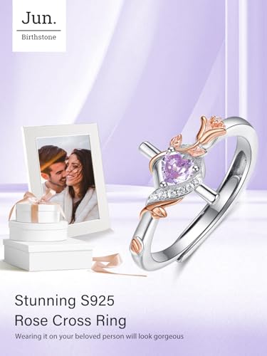 Birthday Gifts Birthstone Rings for Women 925 Sterling Silver Birthstone Rings Anchor/Tree of Life/Snake/Rose Cross Faith Religous Jewelry Gift for Wife Mom Grandma - color: 06-Alxandrite (C), style: Rose Cross