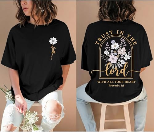 Trust in The Lord Christian Shirts God Faith Religious T Shirts Oversized Jesus Tshirt Women Bible Verse Tee Tops - color: Black-floral, size: Large