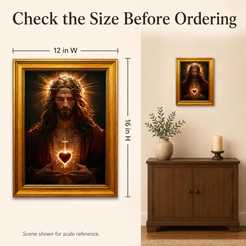Framed Sacred Heart Jesus Canvas Wall Art, 12x16 Inch, Bedroom Decor - color: Brown and Gold-1, size: 16"L x 12"W